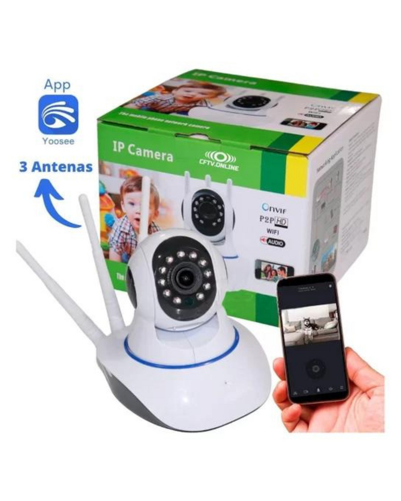 Babá Eletrônica Câmera Ip Sem Fio 360° 3 Antenas Hd Wifi Visão Noturna Alarme